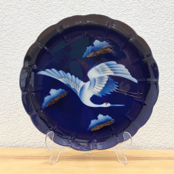 Vintage Japanese Nyazan Jakuzan Crane Cobalt Blue Decorative 10” Pedestal Plate - Picture 3 of 11